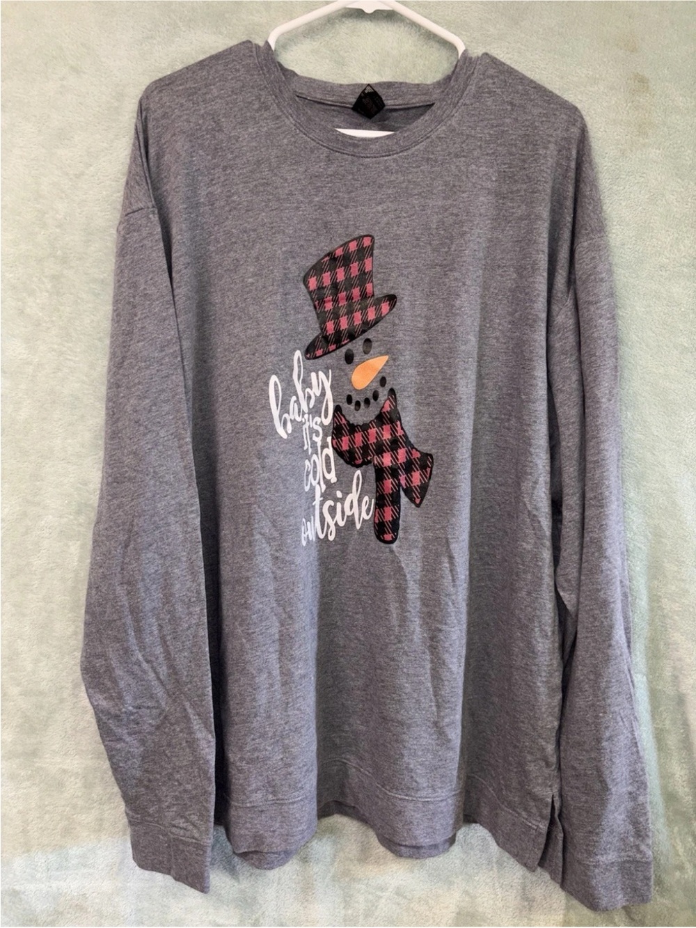 Anvil Gray Long-Sleeve Snowman Graphic Tee with Red Plaid Accents
